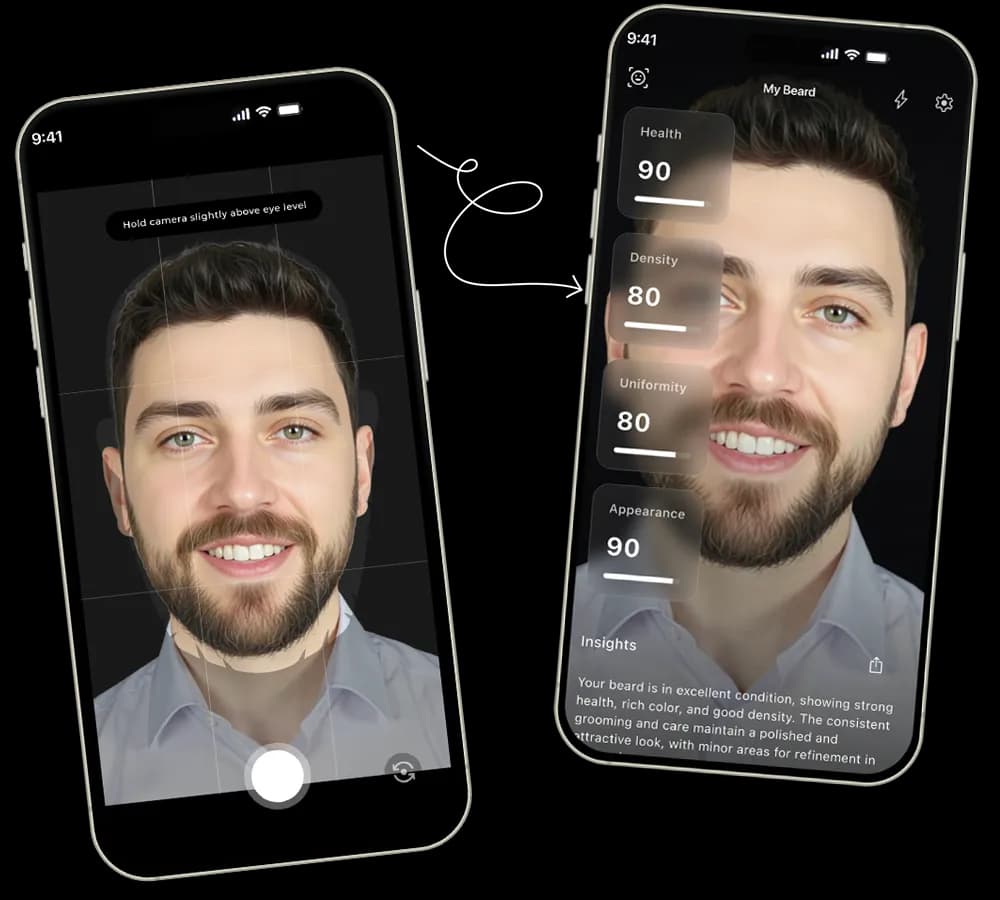 BeardMax app interface showing personalized beard analysis and growth tracking features